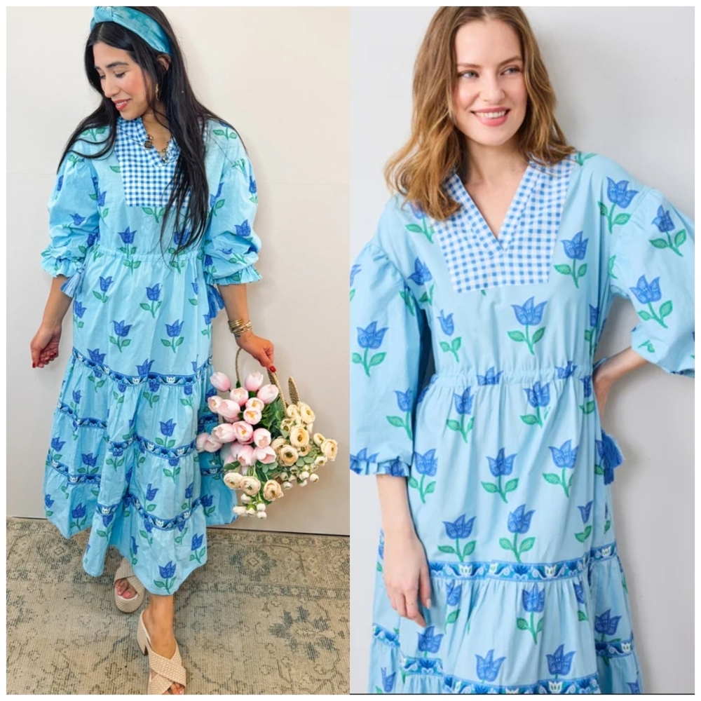 Printfresh  Tulip Bloom Checkered Vnecn Maxi Dress Peasent Coconut Cafe Dress